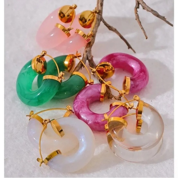 Anthropologie 18K Gold Stainless Steel Pink Hoop Earrings - Picture 8 of 9